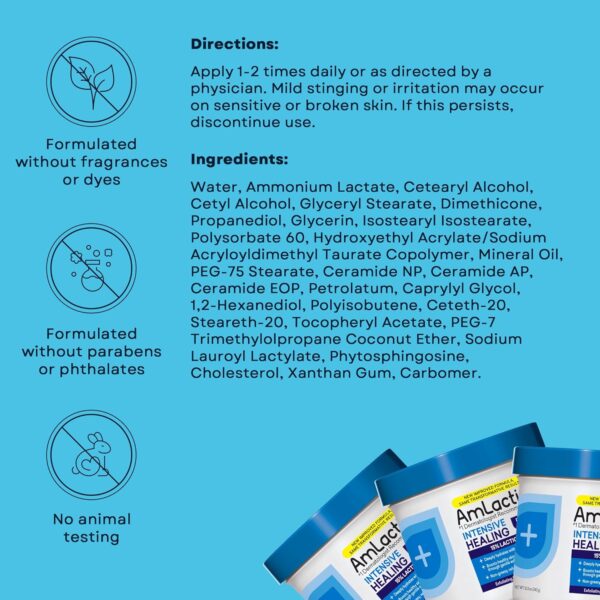 AmLactin Intensive Healing Body Cream, 12 oz Tub, 2-in-1 Exfoliator and Moisturizer for Dry Skin with 15% Lactic Acid and Ceramides for 24-Hour Moisturization