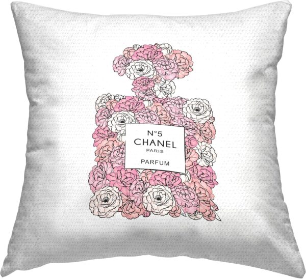 Stupell Industries Pink Rose Floral Perfume Bottle Designer Fashion Outdoor Printed Pillow, 18 x 18