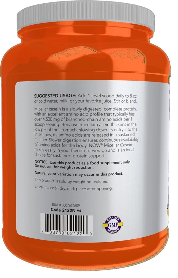 NOW Foods Sports Nutrition, Micellar Casein 19 g, Slow Release, Unflavored Powder, 1.8-Pound