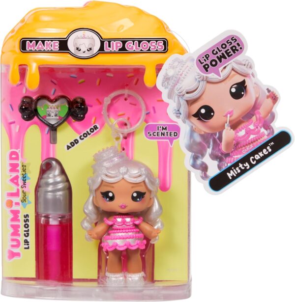 Yummiland Lip Gloss Doll: Sour Sweeties - Misty Cakes Includes DIY Lip Gloss + Removable Keychain, Cosmetic Play, Collectible, Ages 4+