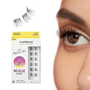 KISS imPRESS Falsies Press On Self Adhesive Eyelashes, 10mm-12mm Natural Volume Press On Lashes, Black, No Glue Needed, Invisible Band, 12 Lash Clusters - Classy