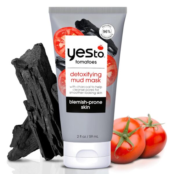 Yes To Tomatoes Clear Skin Detoxifying Charcoal Mud Mask For Acne Prone Skin Draw Out Impurities And Prevent Breakouts Contains Salicylic Acid 96 Natural Ingredients, Red, Tomato, 2.006 Fl Oz