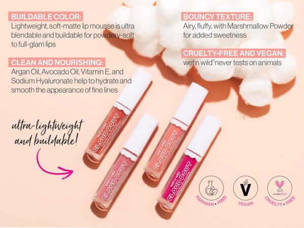 wet n wild Liquid Lipstick Cloud Pout Marshmallow, Pink Cotton Candy Skies | Matte Lip Cream Mousse | Argan Oil | Vitamin E