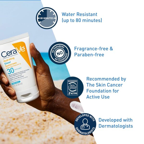 CeraVe Hydrating Sheer Sunscreen with SPF 30 for Face and Body, Mineral & Chemical Sunscreen for Men & Women with Zinc Oxide, Hyaluronic Acid and Ceramides, Paraben-Free + Fragrance-Free, 3 Ounces