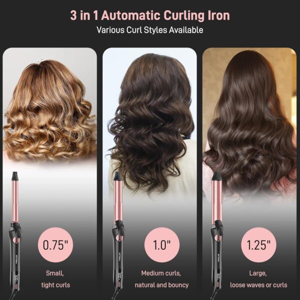 Rotating Curling Iron - 3 in1 Automatic Curling Iron with Interchangeable CurlingWand, 3/4, 1 1/4, 1 Inch CurlingIron for Lasting Beach Waves, Adjustable Temp, Instant Heat, Dual Voltage (Black)