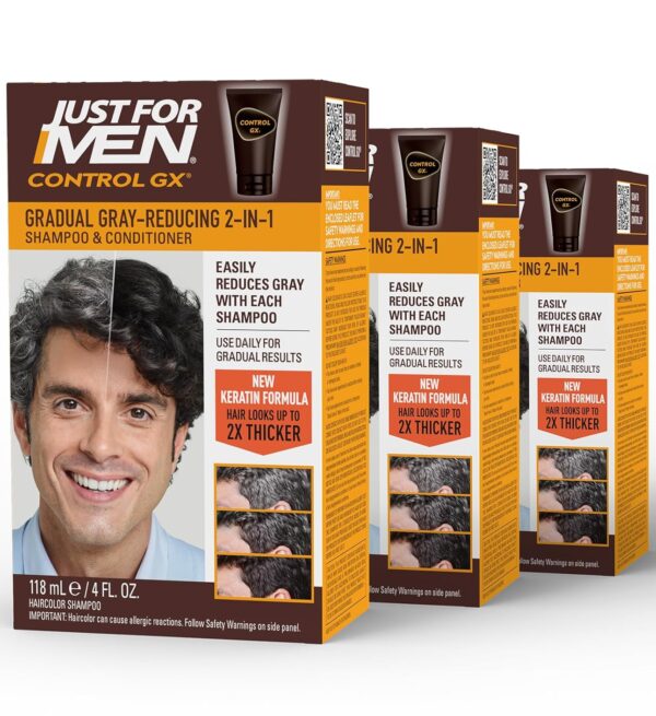 Just For Men Control GX Grey Reducing 2-in-1 Shampoo and Conditioner, Gradual Hair Color with Keratin for Stronger Thicker and Healthier Looking Hair, 4 Fl Oz - Pack of 3 (Packaging May Vary)