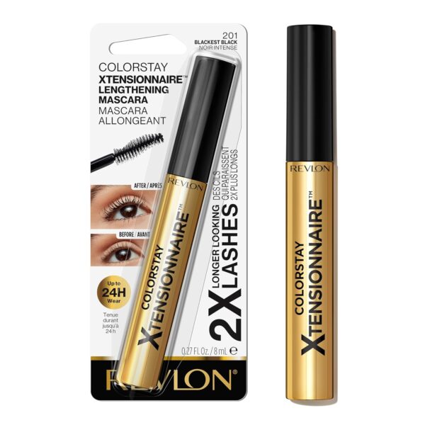 Revlon ColorStay Xtensionnaire Lengthening Lash Serum and Mascara In One, Tapered Brush for 2X Longer Looking Eyelashes, Infused with Pro Vitamin B5, Smudge-Proof, 201 Blackest Black