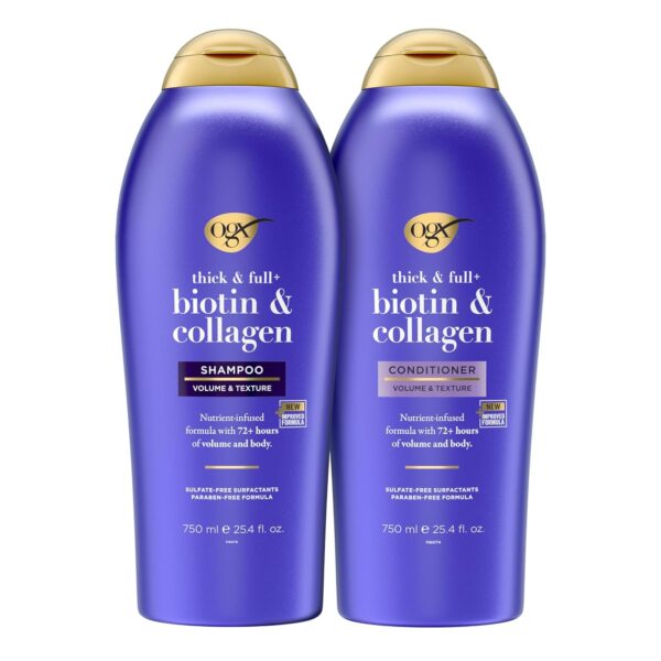OGX Shampoo and Conditioner Set, Thick and Full + Biotin and Collagen, Purple, Helps Thicken and Texturize Hair, Ideal for Flat to Medium Volume Hair, 25.4 FL OZ, 2 Pack