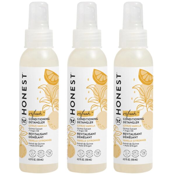 The Honest Company Conditioning Hair Detangler 3-Pack | Leave-in Conditioner + Fortifying Spray | Tear-free, Cruelty-Free, Hypoallergenic | Citrus Vanilla Refresh, 4 fl oz each (pack of 3)