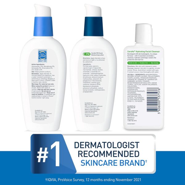 CeraVe AM Face Moisturizer with SPF, PM Face Moisturizer & Hydrating Face Wash Skin Care Routine for Morning & Night | Travel Size Toiletries | 3oz Lotion + 3oz Lotion + 3oz Cleanser