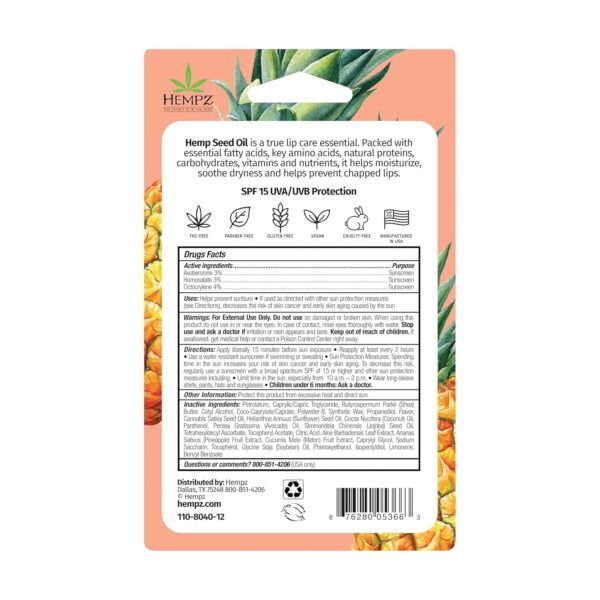 Hempz SPF 15 Lip Balm, Sweet Pineapple & Honey Melon Herbal Soothing Lip Care, for Men or Women .44 oz.