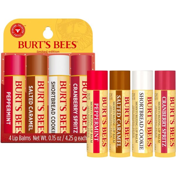 Burt's Bees Lip Balm, 100% Natural Origin, Peppermint, Salted Caramel, Shortbread Cookie and Cranberry Spritz Moisturizing Lip Balms (4-Pack)