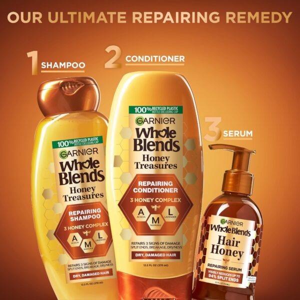 Garnier Whole Blends Honey Treasures Repairing Shampoo, for Dry, Damaged Hair, 22 Fl Oz, 2 Count (Packaging May Vary)