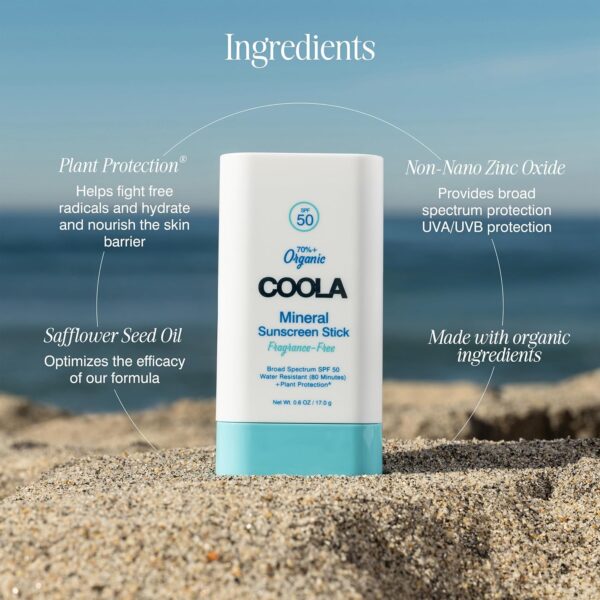 COOLA Organic Mineral Sunscreen SPF 50 Sunblock Stick, Dermatologist Tested Skin Care For Daily Protection, Vegan And Gluten Free, 0.6 Oz