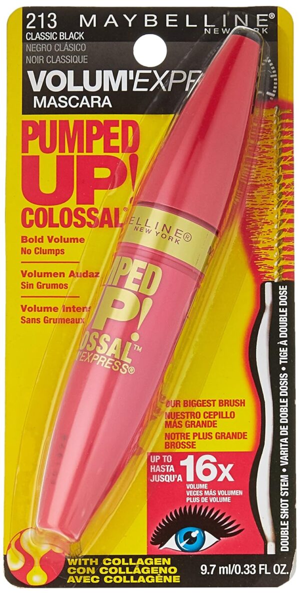 Maybelline Volum' Express Pumped Up Colossal Mascara, Washable Formula Infused with Collagen for Up To 16x Lash Volume, Classic Black, 1 Count