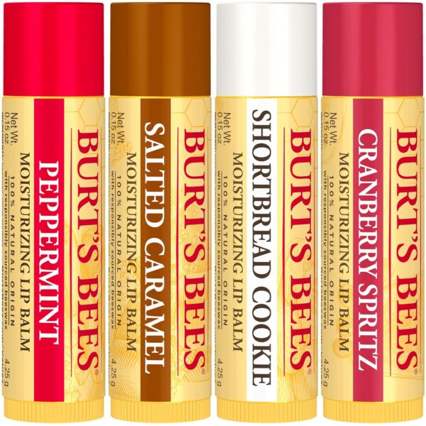 Burt's Bees Lip Balm, 100% Natural Origin, Peppermint, Salted Caramel, Shortbread Cookie and Cranberry Spritz Moisturizing Lip Balms (4-Pack)