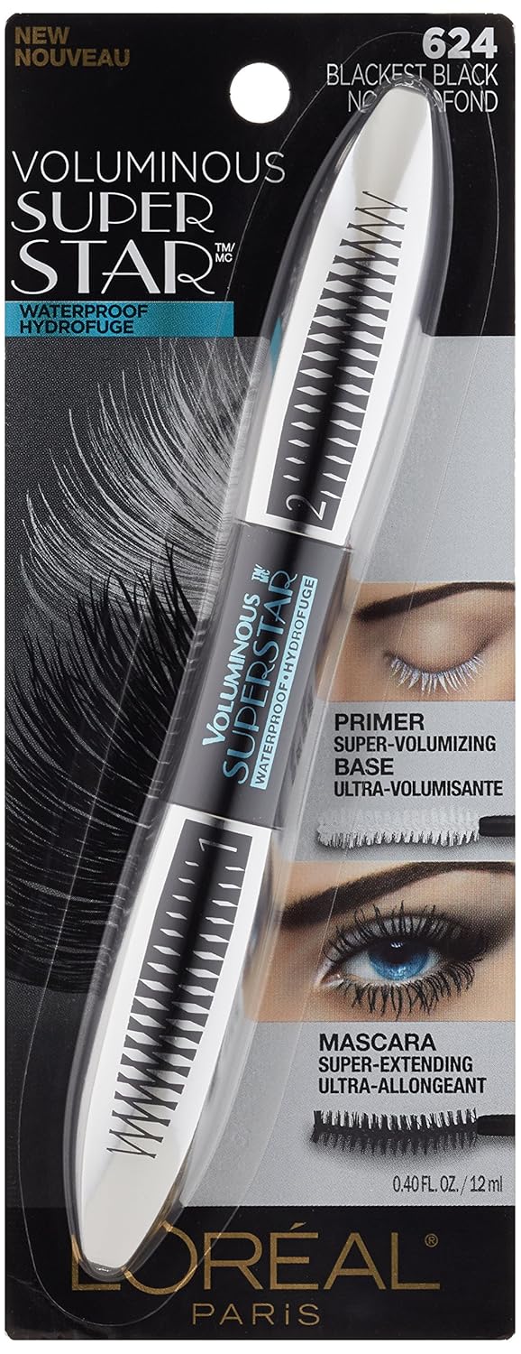 L'Oreal Paris Cosmetics Voluminous Superstar Mascara, Waterproof, Blackest Black, 0.41 Fl. Oz, 1 Count