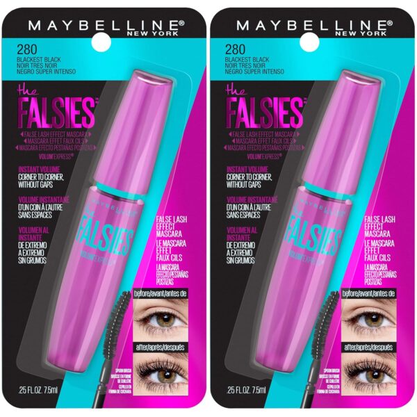 Maybelline Volum' Express Falsies Volumizing, Washable Mascara, Blackest Black, 2 Count