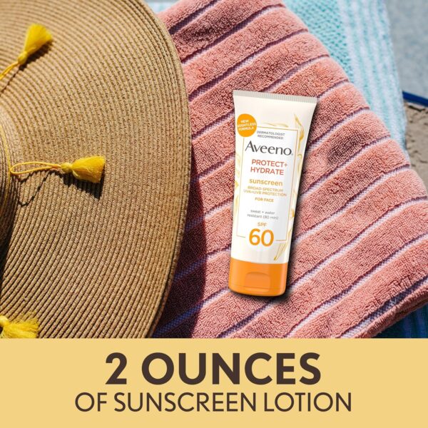 Aveeno Protect + Hydrate Face Sunscreen, SPF 60 Broad Spectrum, for Sensitive Skin, Travel Size, Water Resistant, Paraben, Oxybenzone & Oil Free, 2 fl oz