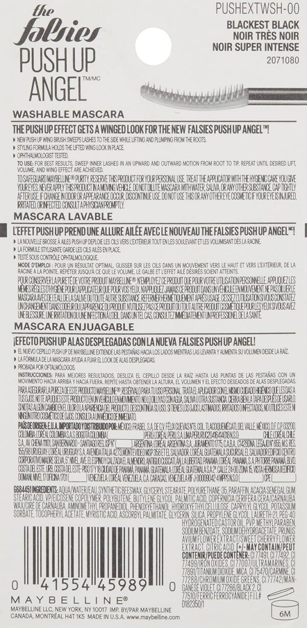 Maybelline Volum' Express Falsies Push Up Angel Washable Mascara, Blackest Black, 1 Count