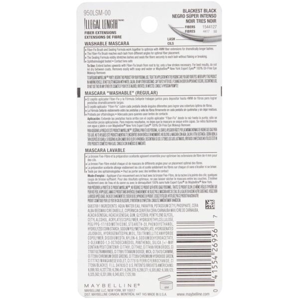 Maybelline Illegal Length Fiber Extensions Washable Mascara, Instant Lashes, No Flaking, Blackest Black, 1 Count