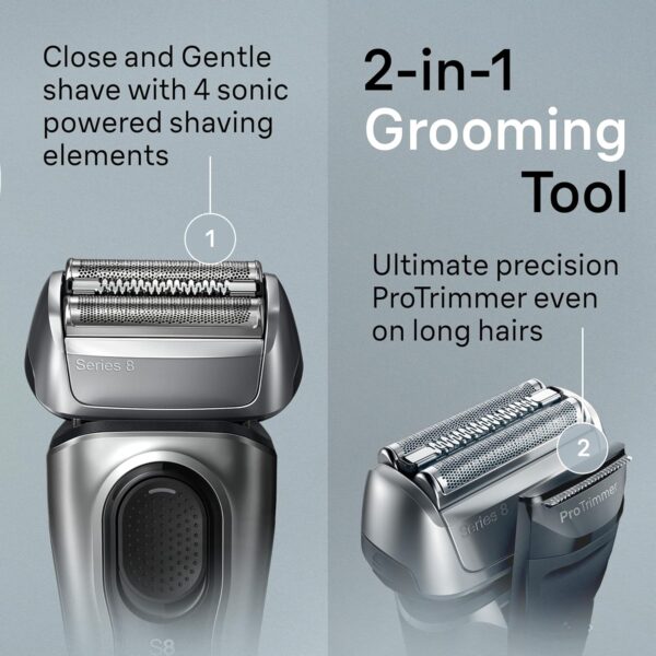Braun Series 8 Electric Razor for Men, with 4+1 Shaving Elements & Precision Long Hair Trimmer, Close & Gentle Even on Dense Beards, Wet & Dry Electric Razor with 60min Runtime, 8517s Galvano Silver