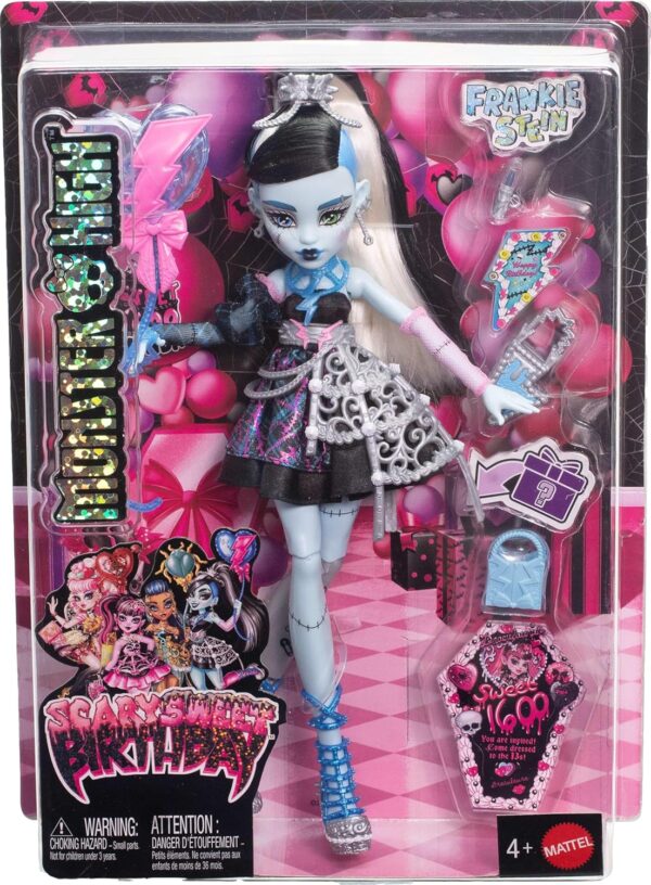 Monster High Scary Sweet Birthday Doll, Frankie Stein in Black Party Dress with Themed Accessories Like Invite, Balloon, Toy, Lipstick and More