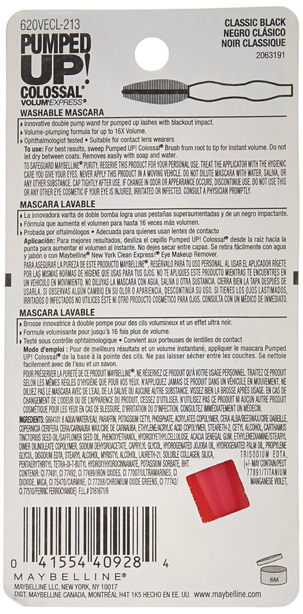 Maybelline Volum' Express Pumped Up Colossal Mascara, Washable Formula Infused with Collagen for Up To 16x Lash Volume, Classic Black, 1 Count